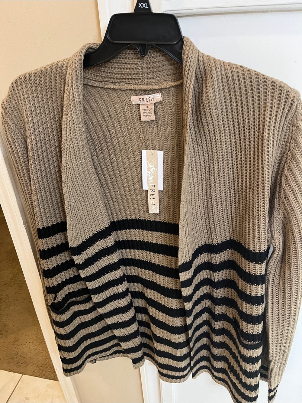 Fresh Open-Front Taupe and Black Striped Knit Sweater
